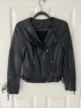 Topshop Black Faux Leather Biker Jacket with Quilted Sleeves